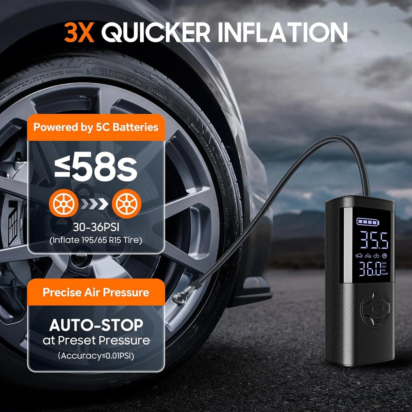 Cordless Car Tire Inflator Portable Air Compressor, 150 PSI Air Pump with Pressure Gauge, for Bicycle Bikes Motorcycles Balls