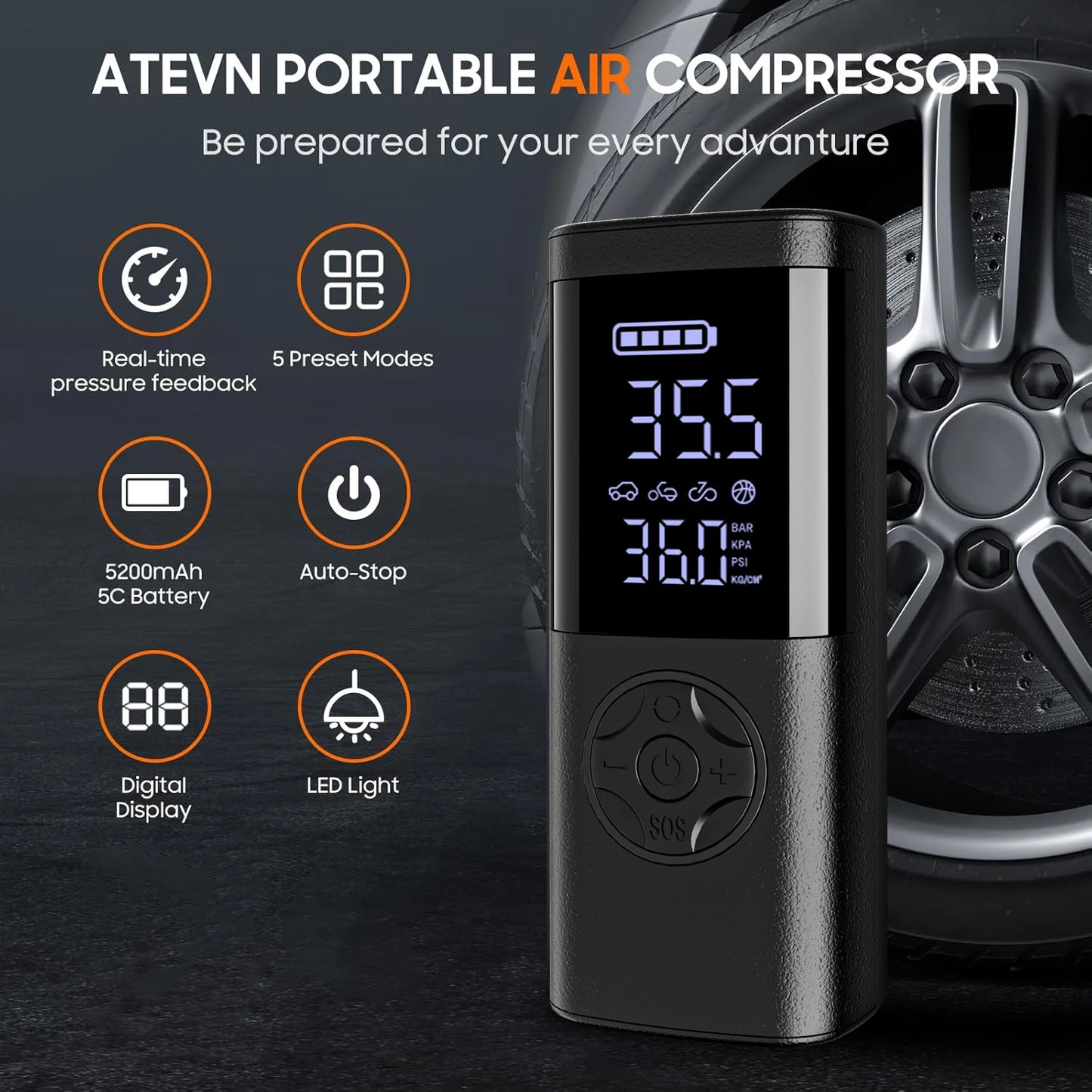Cordless Car Tire Inflator Portable Air Compressor, 150 PSI Air Pump with Pressure Gauge, for Bicycle Bikes Motorcycles Balls