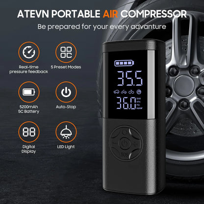 Cordless Car Tire Inflator Portable Air Compressor, 150 PSI Air Pump with Pressure Gauge, for Bicycle Bikes Motorcycles Balls