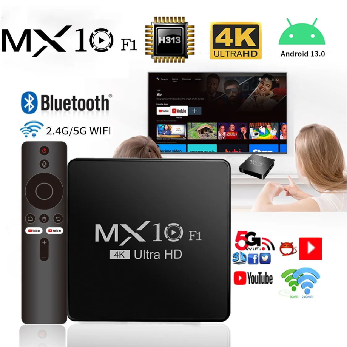 Smart TV Box Android 13 MX10 F1 Allwinner H313 Mali-G31 TV Box Android Support Voice remote control